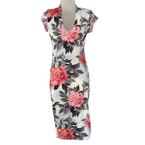 Joe & Elle Floral Bodycon Dress Medium Stretch‎ Knit Midi V-Neck Pink Peonies